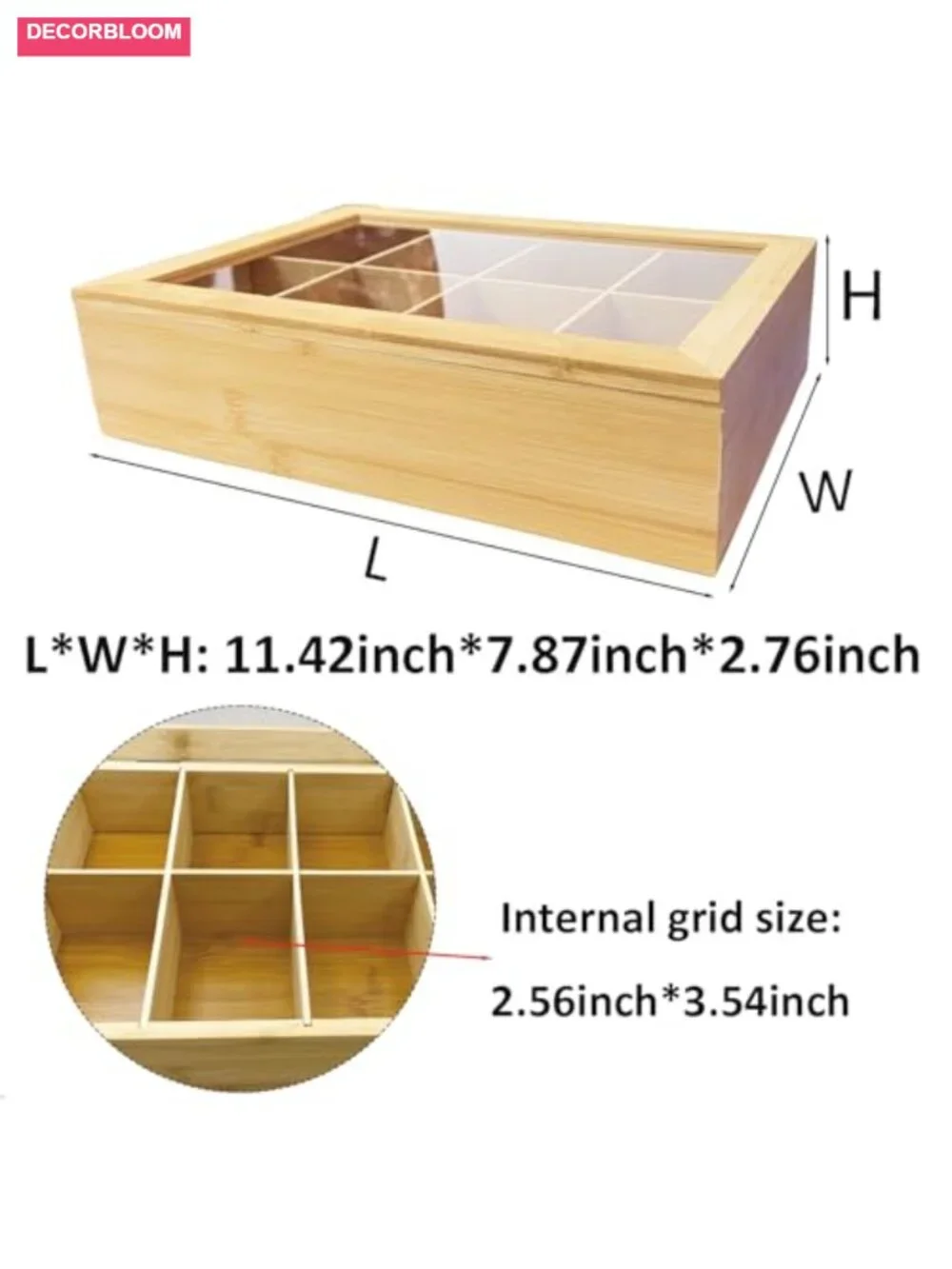 Bamboo Tea Bag Holder with Acrylic Lid - 8 Compartment Organizer